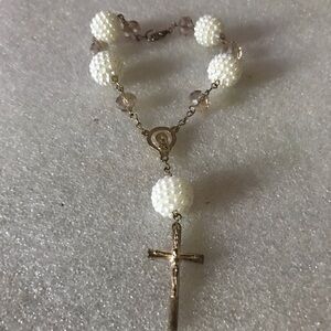 White Beaded Rosary bracelet with Gold Cross